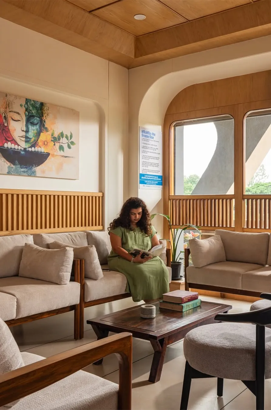 Clinic waiting room with a timber ceiling, linen sofas and a woman reading